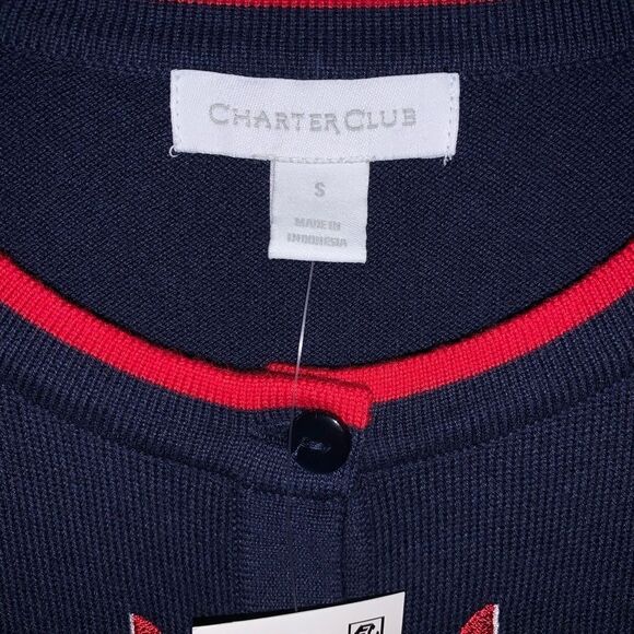 NWT⛵️Charter Club Navy Button Sweater Cardigan w/ embroidered ⛵️ sailboats Sz S - Picture 6 of 16